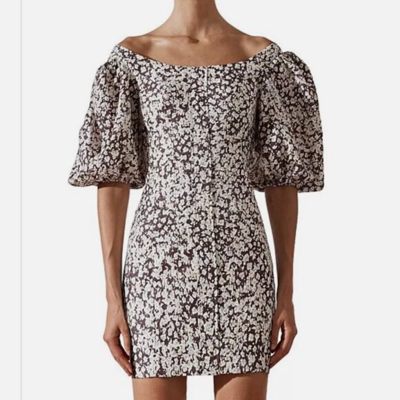 NWT Shona Joy Dahlia OTS Fitted Mini Dress Floral Size8 Brown Cocktail Linen - Picture 11 of 12
